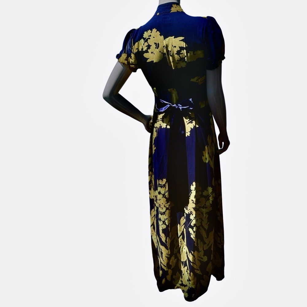 Marchesa Notte Maxi Dress 4 Navy Blue Yellow Flutter Bohemian Luxe Wedding Guest - Picture 8 of 16
